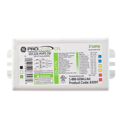 GE Electronic Fluorescent Ballast, 2-Lamp, Fluorescent, 120-277V, Programmed Start - GEC226-MVPSU-3W